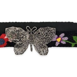 Vintage Embroidered Wool Belt Butterfly Clasp Floral Folk Art Boho 60s 70s